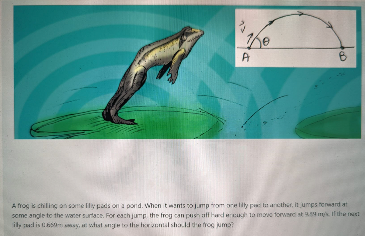 A frog is chilling on some lilly pads on a pond. When it wants to jump from one lilly pad to another, it jumps forward at
some angle to the water surface. For each jump, the frog can push off hard enough to move forward at 9.89 m/s. If the next
lilly pad is 0.669m away, at what angle to the horizontal should the frog jump?
