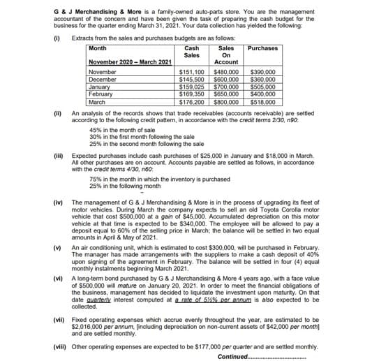 G &J Merchandising & More is a family-owned auto-parts store. You are the management
business for the quarter ending March 31, 2021. Your data collection has yielded the following:
()
Extracts from the sales and purchases budgets are as follows:
Sales
Purchases
Cash
Sales
Month
On
November 2020 - March 2021
Account
$151,100
$145,500
$159.025
$169,350
$480,000
$600,000
$700,000
$650,000
$390,000
$360,000
$505,000
November
December
January
February
March
$400,000
$176.200
$800,000
$518.000
(i)
An analysis of the records shows that trade receivables (accounts receivable) are settled
according to the following credit pattern, in accordance with the credit terms 2/30, n90:
45% in the month of sale
30% in the first month following the sale
25% in the second month following the sale
(ii)
Expected purchases include cash purchases of $25,000 in January and $18,000 in March.
All other purchases are on account. Accounts payable are settled as follows, in accordance
with the credit terms 4/30, n60:
75% in the month in which the inventory is purchased
25% in the following month
(iv) The management of G & J Merchandising & More is in the process of upgrading its fleet of
motor vehicles. During March the company expects to sell an old Toyota Corolla motor
vehicle that cost $500,000 at a gain of $45,000. Accumulated depreciation on this motor
vehicle at that time is expected to be $340,000. The employee will be allowed to pay a
deposit equal to 60% of the selling price in March; the balance will be settled in two equal
amounts in April & May of 2021.
(v)
An air conditioning unit, which is estimated to cost $300,000, will be purchased in February.
The manager has made arrangements with the suppliers to make a cash deposit of 40%
upon signing of the agreement in February. The balance will be settled in four (4) equal
monthly instalments beginning March 2021.
(vi) A long-term bond purchased by G & J Merchandising & More 4 years ago, with a face value
of $500,000 will mature on January 20, 2021. In order to meet the financial obligations of
the business, management has decided to liquidate the investment upon maturity. On that
date quarterly interest computed at a rate of 5%% per annum is also expected to be
collected.
(vii) Fixed operating expenses which accrue evenly throughout the year, are estimated to be
$2,016,000 per annum, [including depreciation on non-current assets of $42,000 per month)
and are settled monthly.
(vii) Other operating expenses are expected to be $177,000 per quarter and are settled monthly.
Continued.
