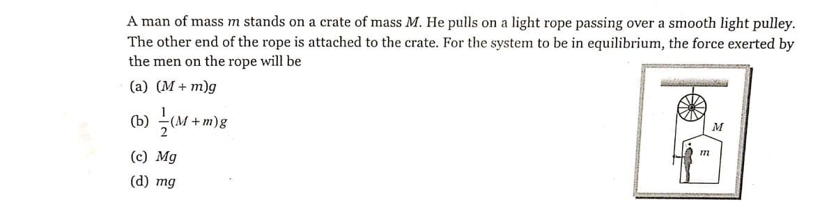 A man of mass m stands on a crate of mass M. He pulls on a light rope passing over a smooth light pulley.
The other end of the rope is attached to the crate. For the system to be in equilibrium, the force exerted by
the men on the rope will be
(а) (М+ т)g
(b) –(M + m)g
M
(c) Mg
т
(d) mg
