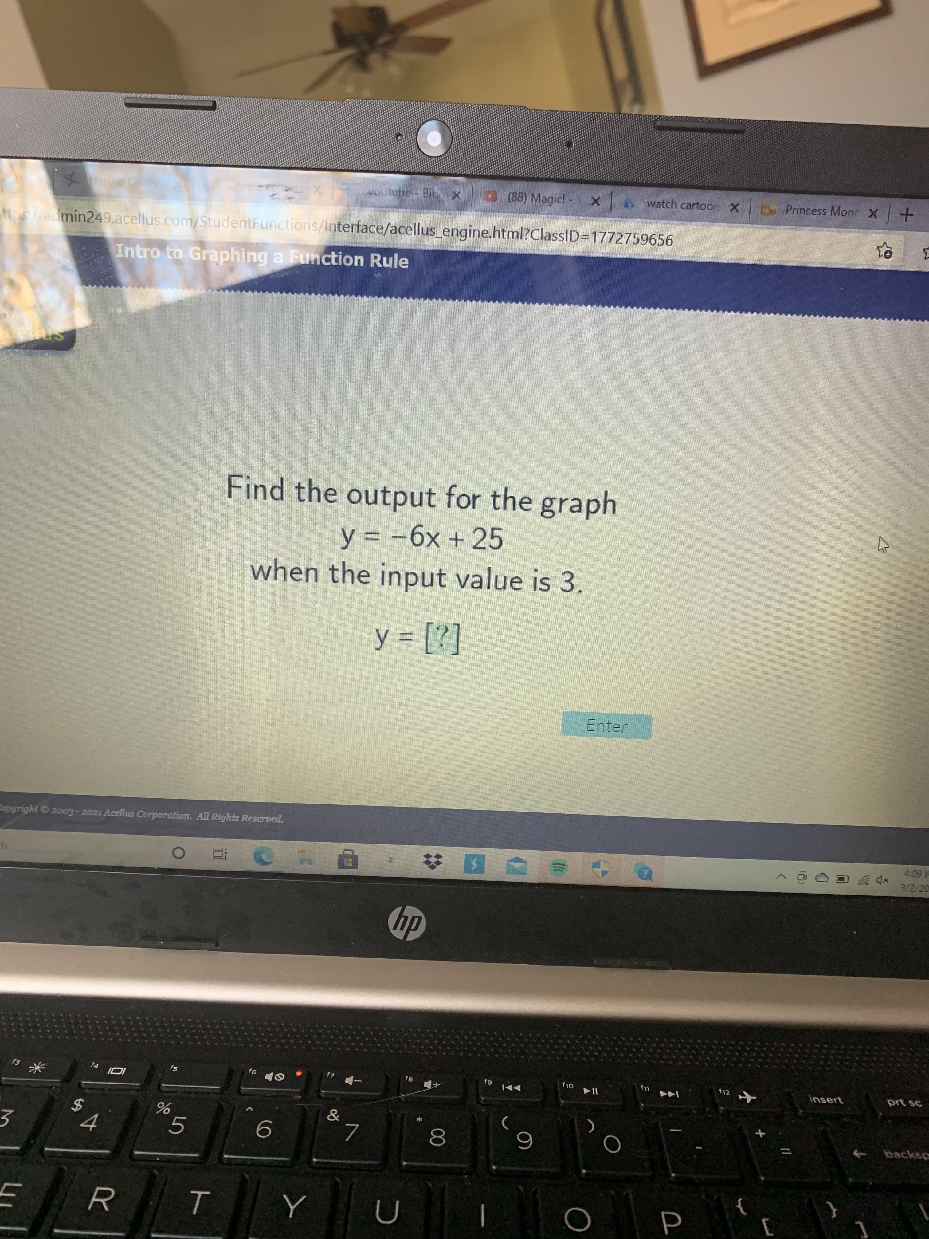 Find the output for the graph
y = -6x + 25
when the input value is 3.
%3D
y = [?]
