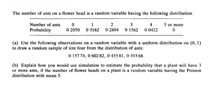 The number of ants on a flower head is a random variable having the following distribution.
Number of ants
1
2
3
4
5 or more
Probability
0-2050
0-3162 0-2804 0-1562
0-0422
(a) Use the following observations on a random variable with a uniform distribution on (0, 1)
to draw a random sample of size four from the distribution of ants:
0-157 74, 0-602 82, 0-455 81, 0-493 68.
(b) Explain how you would use simulation to estimate the probability that a plant will have 3
or more ants, if the number of flower heads on a plant is a random variable having the Poisson
distribution with mean 5.
