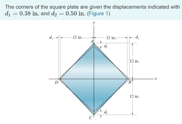 The corners of the square plate are given the displacements indicated with
di = 0.38 in. and d2 = 0.50 in. (Figure 1)
12 in.-
12 in.-
- d,
12 in.
D
12 in.
