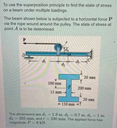 To use the superposition principle to find the state of stress
on a beam under multiple loadings.
The beam shown below is subjected to a horizontal force P
via the rope wound around the pulley. The state of stress at
point A is to be determined.
P
D
di
20 mm
100 mm
200 mm
15 mm
20 mm
150 mm T
The dimensions are di = 1.9 m, d2 = 0.7 m, d3 = 1 m,
da = 355 mm, and r = 230 mm. The applied force has
magnitude P =6 kN.
