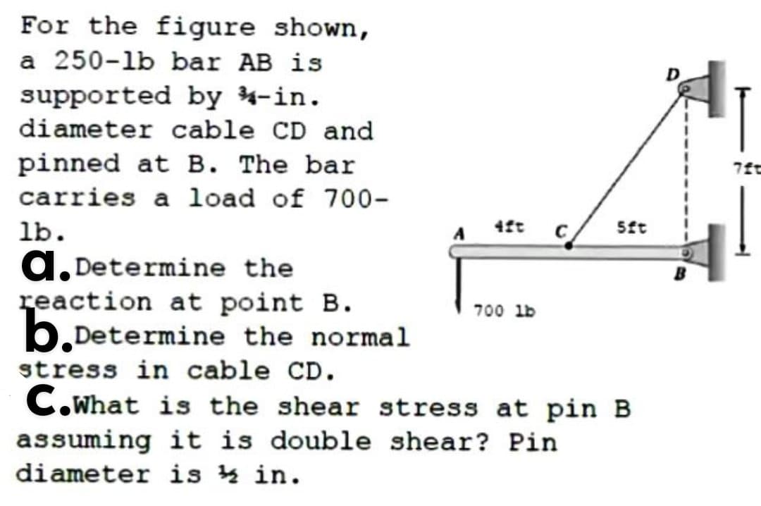 For the figure shown,
a 250-lb bar AB is
supported by 4-in.
diameter cable CD and
pinned at B. The bar
7ft
carries a load of 700-
lb.
st
d. Determine the
reaction at point B.
b.Determine the normal
700 1b
stress in cable CD.
C.What is the shear stress at pin B
assuming it is double shear? Pin
diameter is 4 in.
