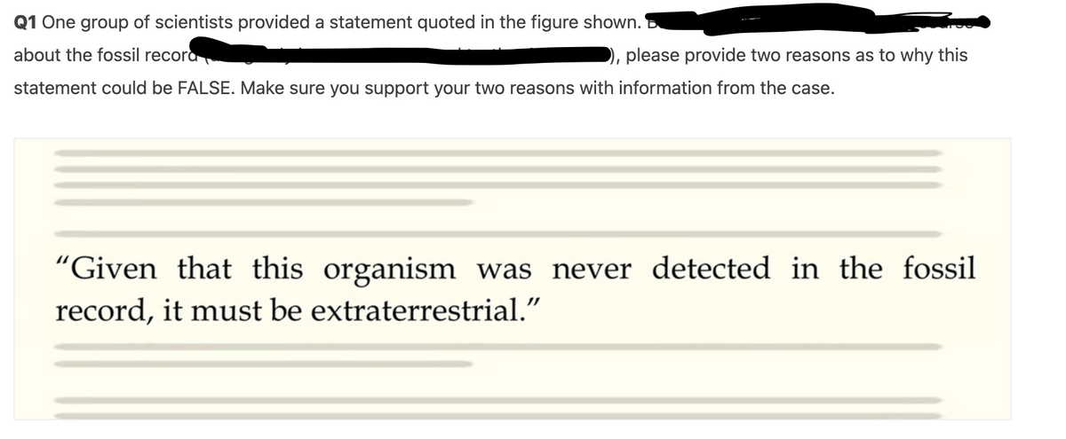 Q1 One group of scientists provided a statement quoted in the figure shown.
about the fossil recora
statement could be FALSE. Make sure you support your two reasons with information from the case.
), please provide two reasons as to why this
"Given that this organism was never detected in the fossil
record, it must be extraterrestrial."