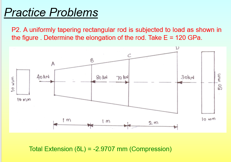 Practice Problems
P2. A uniformly tapering rectangular rod is subjected to load as shown in
the figure . Determine the elongation of the rod. Take E = 120 GPa.
B
A
40RN
80 kN
70 kN
to mm
Im
lo mm
2m
Total Extension (ÕL) = -2.9707 mm (Compression)
ww oG
