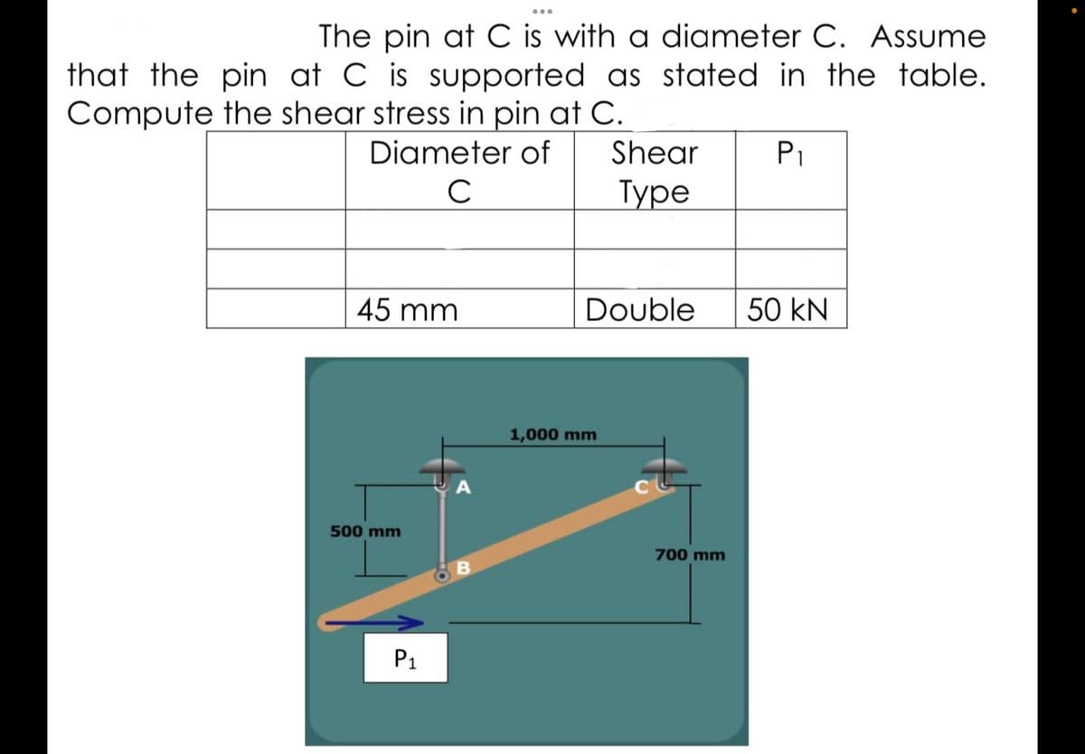 The pin at C is with a diameter C. Assume
that the pin at C is supported as stated in the table.
Compute the shear stress in pin at C.
Diameter of
Shear
P1
Туре
45 mm
Double
50 kN
1,000 mm
500 mm
700 mm
P1
