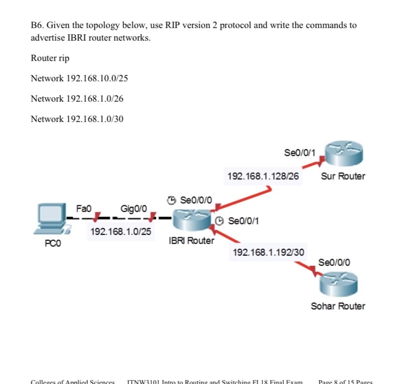 B6. Given the topology below, use RIP version 2 protocol and write the commands to
advertise IBRI router networks.
Router rip
Network 192.168.10.0/25
Network 192.168.1.0/26
Network 192.168.1.0/30
Seo/0/1
192.168.1.128/26
Sur Router
O Se0/0/0
Fa0
Gigo/0
©
Se0/0/1
192.168.1.0/25
IBRI Router
PCO
192.168.1.192/30
Se0/0/0
Sohar Router
Colleges of Annlied Sciences
ITNW3101 Intro to Routing and Switching FL18 Final Exam
Page 8 of15 Pages
