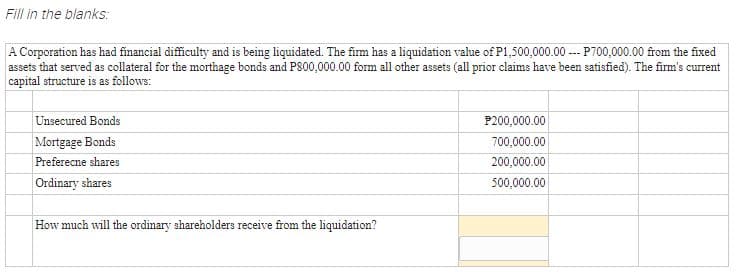 Fill in the blanks:
A Corporation has had financial difficulty and is being liquidated. The firm has a liquidation value of P1,500,000.00 --- P700,000.00 from the fixed
assets that served as collateral for the morthage bonds and P800,000.00 form all other assets (all prior claims have been satisfied). The firm's current
capital structure is as follows:
Unsecured Bonds
P200,000.00
Mortgage Bonds
700,000.00
Preferecne shares
200,000.00
Ordinary shares
500,000.00
How much will the ordinary shareholders receive from the liquidation?
