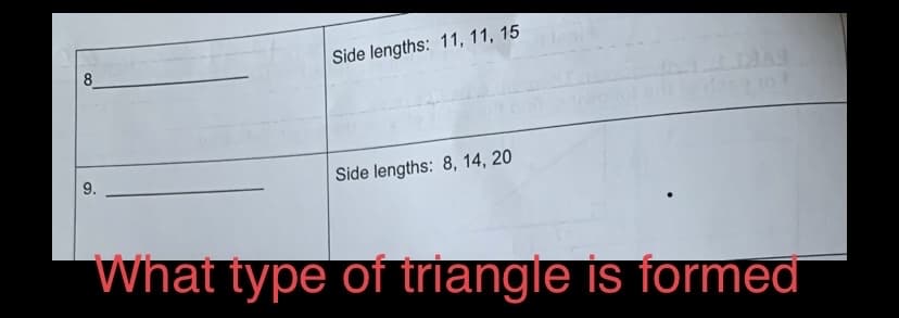 8
9.
Side lengths: 11, 11, 15
Side lengths: 8, 14, 20
What type of triangle is formed