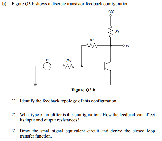 b) Figure Q3.b shows a discrete transistor feedback configuration.
Vcc
Rc
RF
O Vo
Vi
Rs
Figure Q3.b
1) Identify the feedback topology of this configuration.
2) What type of amplifier is this configuration? How the feedback can affect
its input and output resistances?
3) Draw the small-signal equivalent circuit and derive the closed loop
transfer function.
