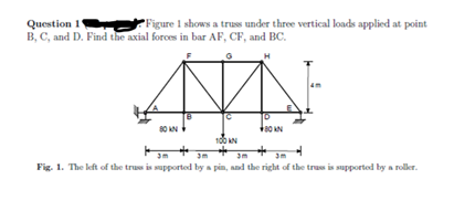 Figure 1 shows a truss under three vertical loads applied at point
Question 1'
B, C, and D. Find the axial forces in bar AF, CF, and BC.
80 AN
100 KN
Fig. 1. The kft of the trus is supported by a pim, aand the right of the truss is supported by a roller.
