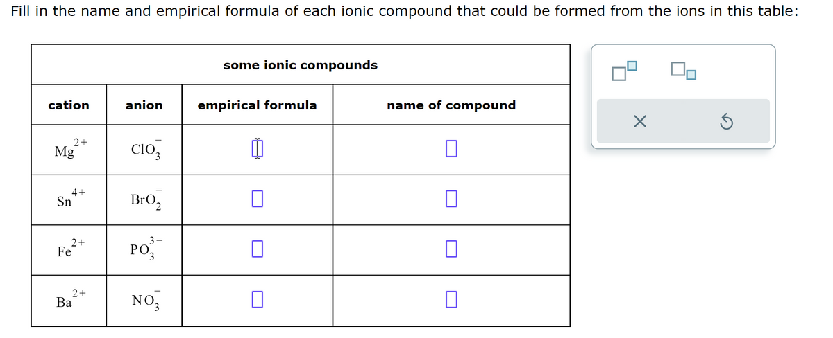 Fill in the name and empirical formula of each ionic compound that could be formed from the ions in this table:
cation
Mg
4+
Sn
2+
2+
Fe
2+
Ba
anion
CIO3
BrO₂
3-
роз
NO 3
some ionic compounds
empirical formula
name of compound
X
S