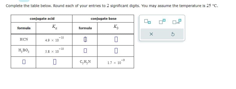 Complete the table below. Round each of your entries to 2 significant digits. You may assume the temperature is 25 °C.
formula
HCN
conjugate acid
HBO,
0
Ka
4.9 × 10
-10
0
-10
5.8 x 10
conjugate base
K₂
formula
0
C₂H₂N
0
0
1.7 x 10
-9
D
x10