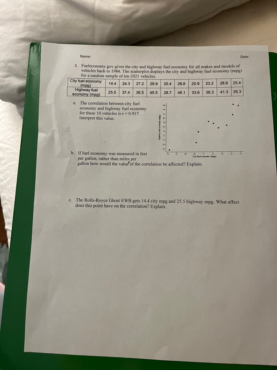 Name:
2. Fueleconomy.gov gives the city and highway fuel economy for all makes and models of
vehicles back to 1984. The scatterplot displays the city and highway fuel economy (mpg)
for a random sample of ten 2021 vehicles.
14.4 24.3 27.2 29.9 20.4 28.8 20.9 23.2 28.6 25.4
City fuel economy
(mpg)
Highway fuel
economy (mpg)
25.5 37.4 36.5 45.5 28.7 46.1 33.6
38.3 41.3 35.3
a. The correlation between city fuel
economy and highway fuel economy
for these 10 vehicles is r = 0.917.
Interpret this value.
44-
42-
40-
38-
30-
34
32
10-
25-
b. If fuel economy was measured in feet
per gallon, rather than miles per
gallon how would the value of the correlation be affected? Explain.
15
14
18
20
City fuel economy (mg)
Date:
33 10
c. The Rolls-Royce Ghost EWB gets 14.4 city mpg and 25.5 highway mpg. What affect
does this point have on the correlation? Explain.