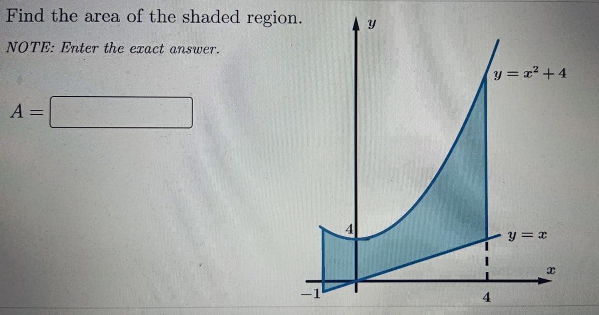 Find the area of the shaded region.
NOTE: Enter the exact answer.
y = x² +4
A 3=
4
4.
-
