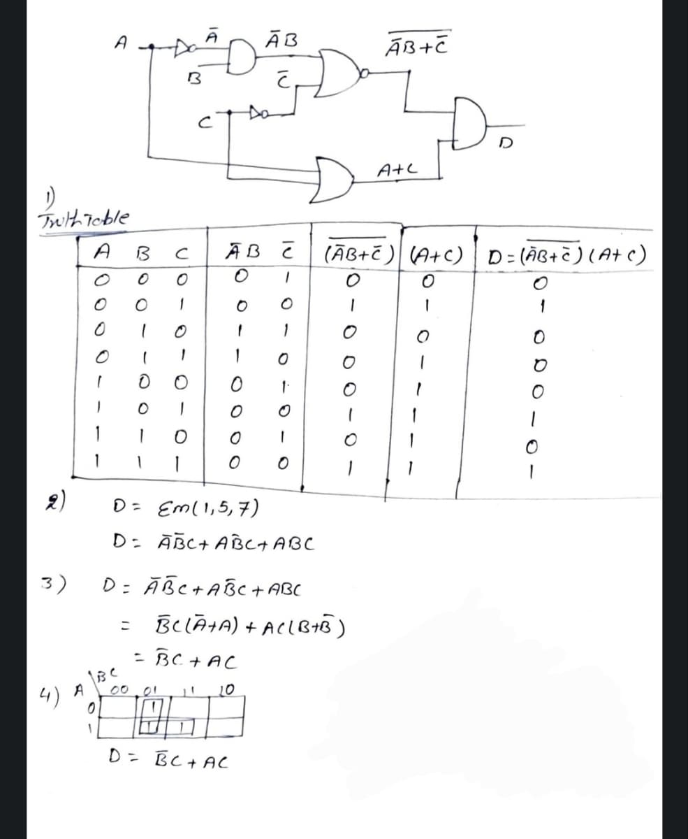 A
Do
Do
Do
A+L
Twith Ioble
A
(ĀB+č ) (A+c) D= (ÃB+ē) (A+ c)
1
1
1
2)
D= Eml1,5,7)
D: ABC+ ABC+ ABC
3)
D: ĀBC+ABc + ABC
- BC + AC
00.01
10
4) A
D= BC+ AC
O DO - o –
O O 0 - -
