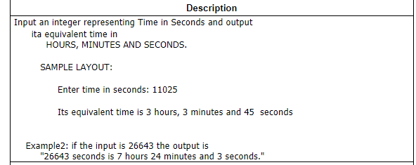 Description
Input an integer representing Time in Seconds and output
ita equivalent time in
HOURS, MINUTES AND SECONDS.
SAMPLE LAYOUT:
Enter time in seconds: 11025
Its equivalent time is 3 hours, 3 minutes and 45 seconds
Example2: if the input is 26643 the output is
"26643 seconds is 7 hours 24 minutes and 3 seconds."
