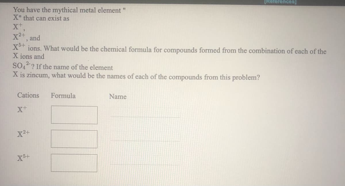 [References]
You have the mythical metal element
X" that can exist as
11
xt,
x2+, and
X* ions. What would be the chemical formula for compounds formed from the combination of each of the
X ions and
SO4? If the name of the element
X is zincum, what would be the names of each of the compounds from this problem?
Cations
Formula
Name
x+
X2+
X5+
