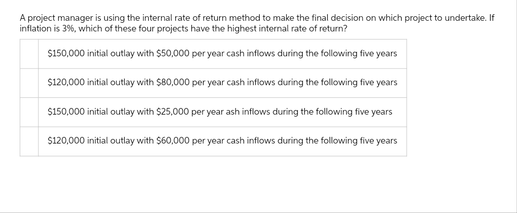 A project manager is using the internal rate of return method to make the final decision on which project to undertake. If
inflation is 3%, which of these four projects have the highest internal rate of return?
$150,000 initial outlay with $50,000 per year cash inflows during the following five years
$120,000 initial outlay with $80,000 per year cash inflows during the following five years
$150,000 initial outlay with $25,000 per year ash inflows during the following five years
$120,000 initial outlay with $60,000 per year cash inflows during the following five years