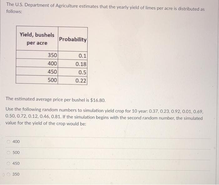 The U.S. Department of Agriculture estimates that the yearly yield of limes per acre is distributed as
follows:
Yield, bushels
per acre
400
500
The estimated average price per bushel is $16.80.
Use the following random numbers to simulation yield crop for 10 year: 0.37, 0.23, 0.92, 0.01, 0.69,
0.50, 0.72, 0.12, 0.46, 0.81. If the simulation begins with the second random number, the simulated
value for the yield of the crop would be:
450
350
400
450
500
do 350
Probability
0.1
0.18
0.5
0.22