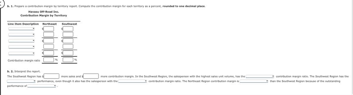 b. 1. Prepare a contribution margin by territory report. Compute the contribution margin for each territory as a percent, rounded to one decimal place.
Havasu Off-Road Inc.
Contribution Margin by Territory
Line Item Description Northeast
Contribution margin ratio
b. 2. Interpret the report.
The Southwest Region has $
performance of
Southwest
s
more sales and s
more contribution margin. In the Southwest Region, the salesperson with the highest sales unit volume, has the
performance, even though it also has the salesperson with the
contribution margin ratio. The Northeast Region contribution margin is
contribution margin ratio. The Southwest Region has the
than the Southwest Region because of the outstanding