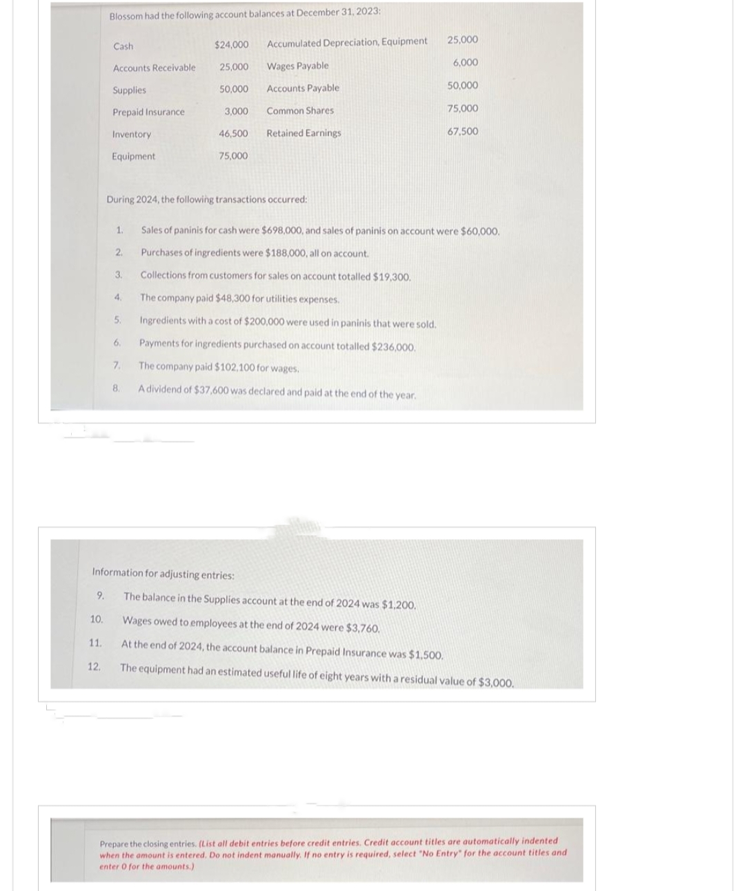 9.
10.
11.
Blossom had the following account balances at December 31, 2023:
12.
Cash
Accounts Receivable
Supplies
Prepaid Insurance
Inventory
Equipment
1.
2.
During 2024, the following transactions occurred:
3.
4.
5.
6.
7.
Information for adjusting entries:
$24,000
25,000
50,000
3,000
46,500
75,000
8.
Accumulated Depreciation, Equipment
Wages Payable
Accounts Payable
Common Shares
Retained Earnings
25,000
6,000
50,000
75,000
67,500
Sales of paninis for cash were $698,000, and sales of paninis on account were $60,000.
Purchases of ingredients were $188,000, all on account.
Collections from customers for sales on account totalled $19,300.
The company paid $48,300 for utilities expenses.
Ingredients with a cost of $200,000 were used in paninis that were sold.
Payments for ingredients purchased on account totalled $236,000.
The company paid $102,100 for wages.
A dividend of $37,600 was declared and paid at the end of the year.
The balance in the Supplies account at the end of 2024 was $1,200.
Wages owed to employees at the end of 2024 were $3,760.
At the end of 2024, the account balance in Prepaid Insurance was $1,500.
The equipment had an estimated useful life of eight years with a residual value of $3,000.
Prepare the closing entries. (List all debit entries before credit entries. Credit account titles are automatically indented
when the amount is entered. Do not indent manually. If no entry is required, select "No Entry" for the account titles and
enter 0 for the amounts.)