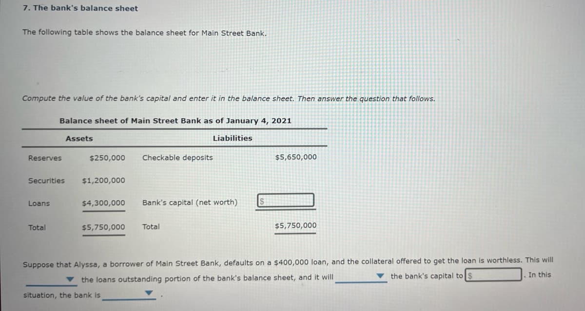 7. The bank's balance sheet
The following table shows the balance sheet for Main Street Bank.
Compute the value of the bank's capital and enter it in the balance sheet. Then answer the question that follows.
Balance sheet of Main Street Bank as of January 4, 2021
Assets
Liabilities
Reserves
$250,000
Checkable deposits
$5,650,000
Securities
$1,200,000
Loans
$4,300,000
Bank's capital (net worth)
$
Total
$5,750,000
Total
$5,750,000
Suppose that Alyssa, a borrower of Main Street Bank, defaults on a $400,000 loan, and the collateral offered to get the loan is worthless. This will
the bank's capital to $
In this
the loans outstanding portion of the bank's balance sheet, and it will
situation, the bank is