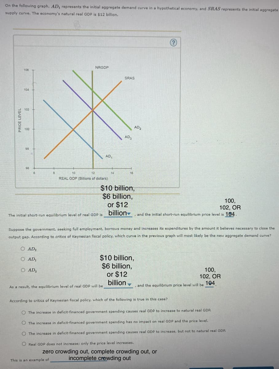 On the following graph, AD, represents the initial aggregate demand curve in a hypothetical economy, and SRAS represents the initial aggregate
supply curve. The economy's natural real GDP is $12 billion.
PRICE LEVEL
NRGDP
106
SRAS
104
20
102
100
98
96
10
12
AD₁
REAL GDP (Billions of dollars)
AD2
AD3
14
16
?
$10 billion,
$6 billion,
or $12
The initial short-run equilibrium level of real GDP is
100,
102, OR
billion and the initial short-run equilibrium price level is 104.
Suppose the government, seeking full employment, borrows money and increases its expenditures by the amount it believes necessary to close the
output gap. According to critics of Keynesian fiscal policy, which curve in the previous graph will most likely be the new aggregate demand curve?
O AD₂
O AD₁
O AD
$10 billion,
$6 billion,
or $12
billion
100,
102, OR
As a result, the equilibrium level of real GDP will be
and the equilibrium price level will be
104.
According to critics of Keynesian fiscal policy, which of the following is true in this case?
The increase in deficit-financed government spending causes real GDP to increase to natural real GDP.
O The increase in deficit-financed government spending has no impact on real GDP and the price level.
O The increase in deficit-financed government spending causes real GDP to increase, but not to natural real GDP.
O Real GDP does not increase; only the price level increases.
zero crowding out, complete crowding out, or
This is an example of
incomplete crowding out