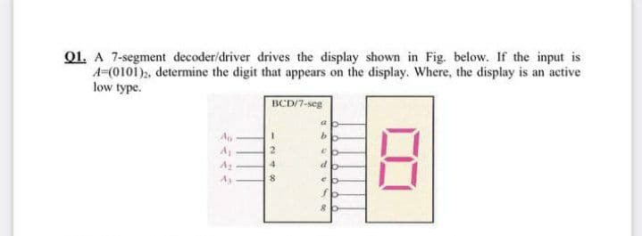 Q1. A 7-segment decoder/driver drives the display shown in Fig. below. If the input is
A=(0101), determine the digit that appears on the display. Where, the display is an active
low type.
BCD/7-seg
Ao
b.
2
4
8.
