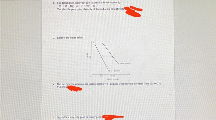 1. The demand and supply for cola in a market is represented by
Q-15-10P & Q-40P-50
Calculate the point price elasticity of demand at the equilibrium
2. Refer to the figure below
-
b. Is good X a necessity good or luxury good
1.100
70-$30,000
9
Quity
a. Use the figure to calculate the income elasticity of demand when income increases from $25,000 to
$30,000