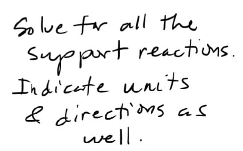 Solve for all the
Support reactions.
In dicete units
& directions as
well.
