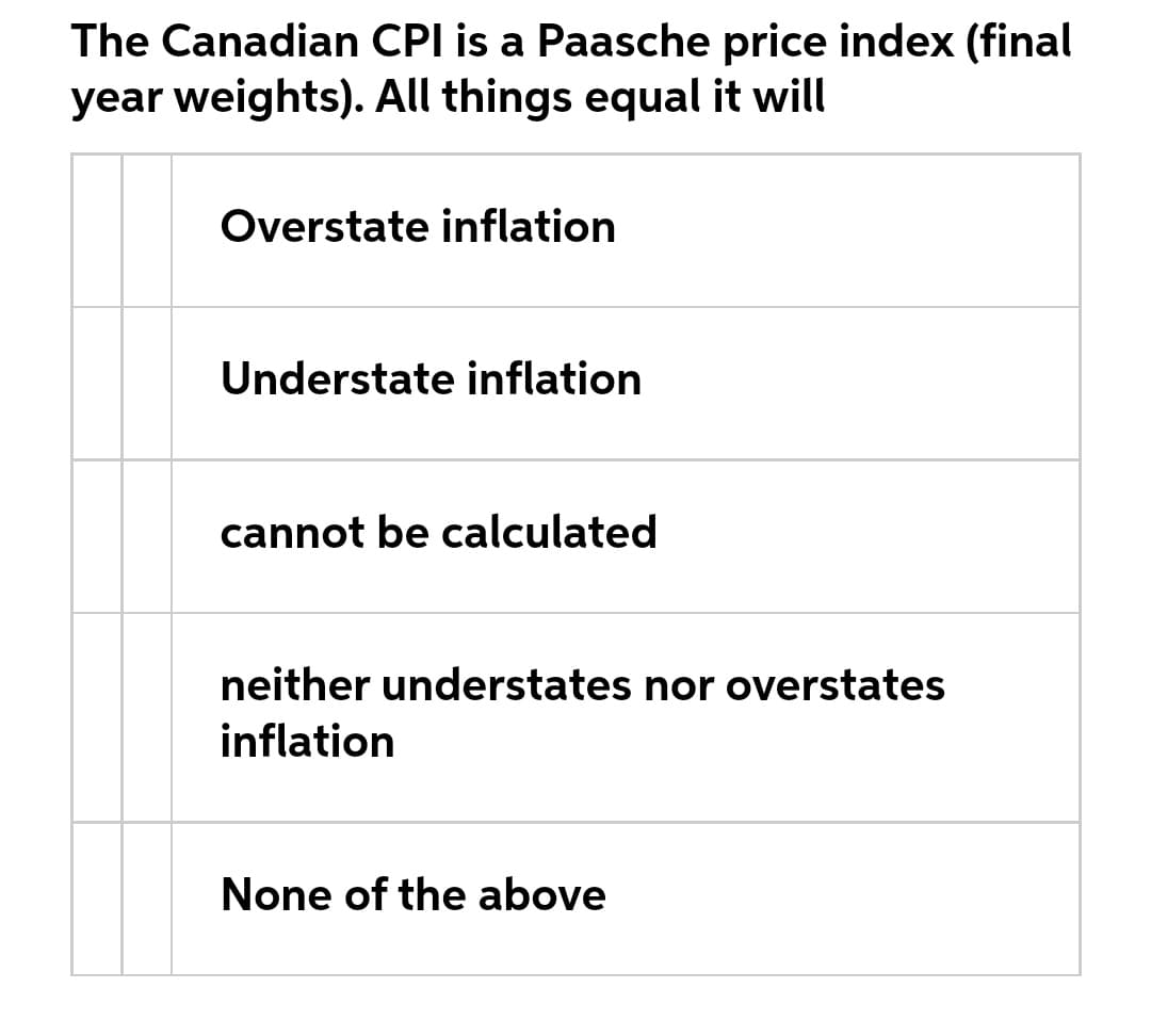 The Canadian CPI is a Paasche price index (final
year weights). All things equal it will
Overstate inflation
Understate inflation
cannot be calculated
neither understates nor overstates
inflation
None of the above