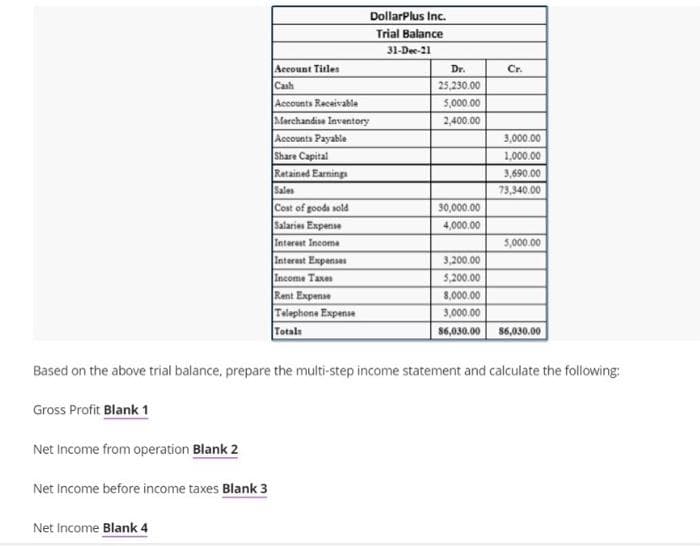 DollarPlus Inc.
Trial Balance
31-Dec-21
Account Titles
Cash
Dr.
Cr.
25,230.00
Accounts Receivable
Merchandise Inventory
5,000.00
2,400.00
Accounts Payable
Share Capital
Retained Earning
3,000.00
1,000.00
3,690.00
Sales
73,340.00
Cost of gooda sold
Salaries Expense
30,000.00
4,000.00
Interest Income
Interast Expanse
5,000.00
3,200.00
Income Taxes
5,200.00
Rent Expense
Telephone Expense
Totala
8,000.00
3,000.00
86,030.00
৪6,030.00
Based on the above trial balance, prepare the multi-step income statement and calculate the following:
Gross Profit Blank 1
Net Income from operation Blank 2
Net Income before income taxes Blank 3
Net Income Blank 4
