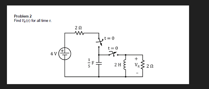 Problem 2
Find VR (t) for all time t.
4 V
ΖΩ
t = 0
t=0
2 H
VR202