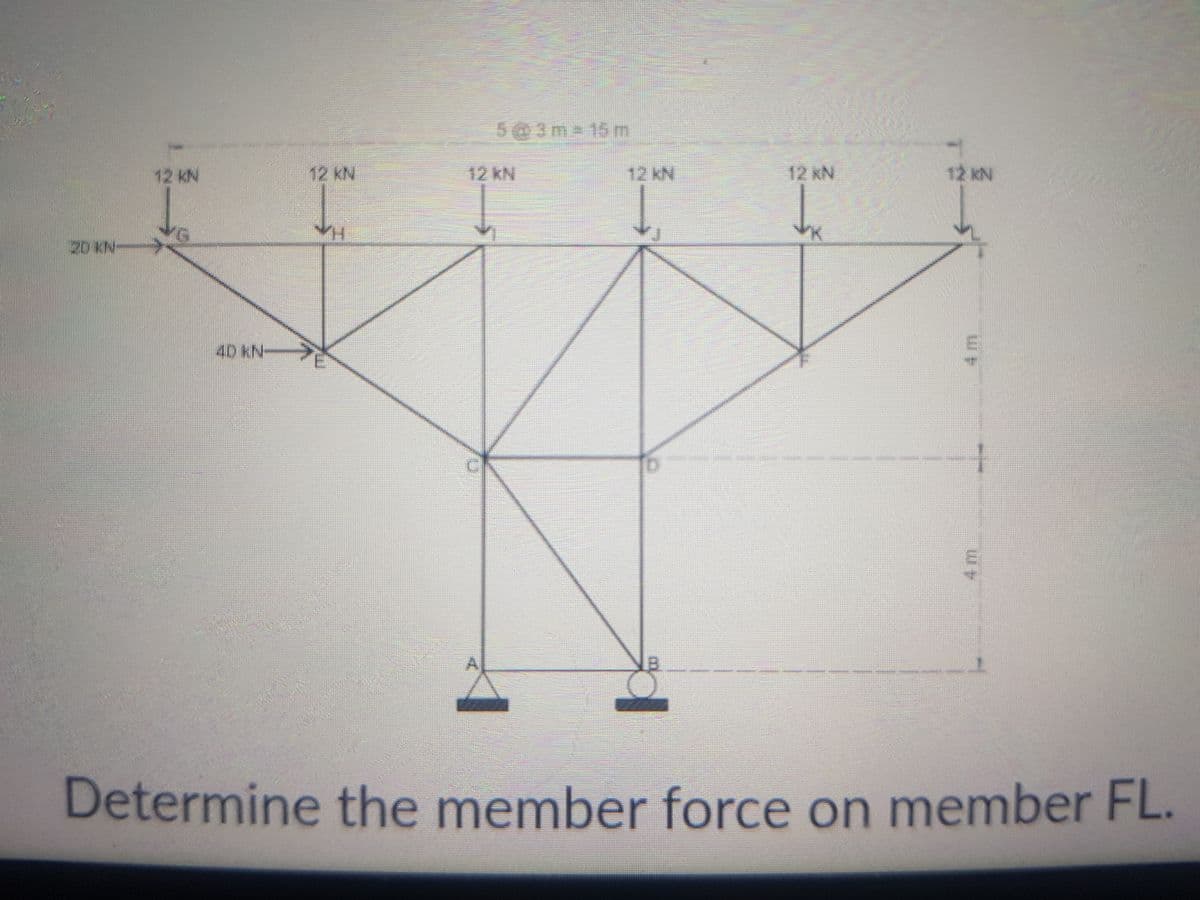 5@3m 15 m
12 kN
12 kN
12 kN
12 kN
12 kN
12 KN
i20 KN
40 KN-
A.
Determine the member force on member FL.
4m
