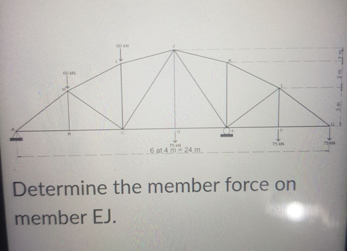 60 KN
60 KN
2)
75 kN
75 kN
75AN
6 at 4 m 24 m
Determine the member force on
member EJ.
