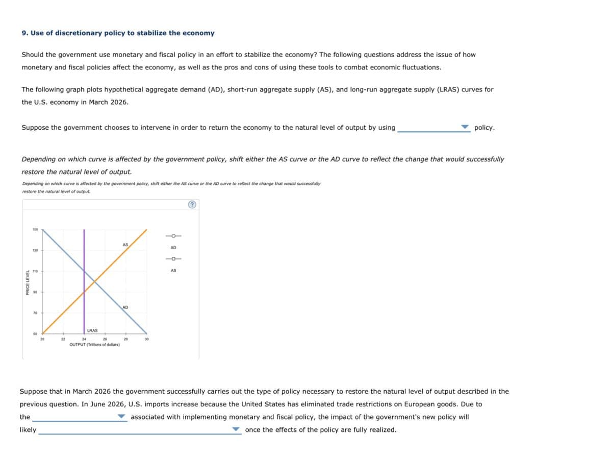 9. Use of discretionary policy to stabilize the economy
Should the government use monetary and fiscal policy in an effort to stabilize the economy? The following questions address the issue of how
monetary and fiscal policies affect the economy, as well as the pros and cons of using these tools to combat economic fluctuations.
The following graph plots hypothetical aggregate demand (AD), short-run aggregate supply (AS), and long-run aggregate supply (LRAS) curves for
the U.S. economy in March 2026.
Suppose the government chooses to intervene in order to return the economy to the natural level of output by using
policy.
Depending on which curve is affected by the government policy, shift either the AS curve or the AD curve to reflect the change that would successfully
restore the natural level of output.
Depending on which curve is affected by the government policy, shift either the AS curve or the AD curve to reflect the change that would successfully
restore the natural level of output.
150
130
110
70
50
22
24
LRAS
26
OUTPUT (Trillions of dollars)
AD
ŏ 2 †
AS
Suppose that in March 2026 the government successfully carries out the type of policy necessary to restore the natural level of output described in the
previous question. In June 2026, U.S. imports increase because the United States has eliminated trade restrictions on European goods. Due to
the
associated with implementing monetary and fiscal policy, the impact of the government's new policy will
likely
once the effects of the policy are fully realized.