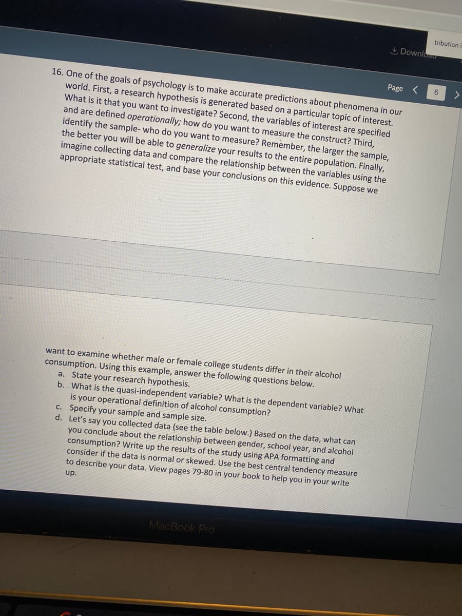tribution i
I Downloau
Page
16. One of the goals of psychology is to make accurate predictions about phenomena in our
world. First, a research hypothesis is generated based on a particular topic of interest.
What is it that you want to investigate? Second, the variables of interest are specified
and are defined operationally; how do you want to measure the construct? Third,
identify the sample- who do you want to measure? Remember, the larger the sample,
the better you will be able to generalize your results to the entire population. Finally,
imagine collecting data and compare the relationship between the variables using the
appropriate statistical test, and base your conclusions on this evidence. Suppose we
want to examine whether male or female college students differ in their alcohol
consumption. Using this example, answer the following questions below.
a. State your research hypothesis.
b. What is the quasi-independent variable? What is the dependent variable? What
is your operational definition of alcohol consumption?
C. Specify your sample and sample size.
d. Let's say you collected data (see the table below.) Based on the data, what can
you conclude about the relationship between gender, school year, and alcohol
consumption? Write up the results of the study using APA formatting and
consider if the data is normal or skewed. Use the best central tendency measure
to describe your data. View pages 79-80 in your book to help you in your write
up.
MacBook Pro
