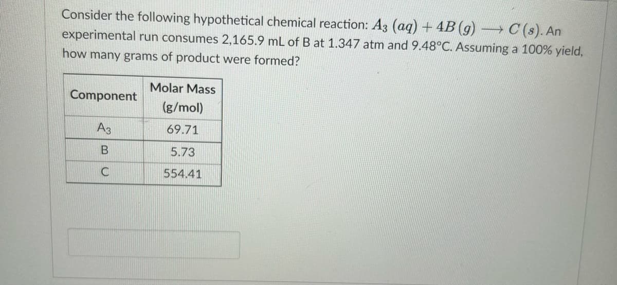 C(s). An
Consider the following hypothetical chemical reaction: A3 (aq) + 4B (g)
experimental run consumes 2,165.9 mL of B at 1.347 atm and 9.48°C. Assuming a 100% yield,
how many grams of product were formed?
Component
A3
B
C
Molar Mass
(g/mol)
69.71
5.73
554.41