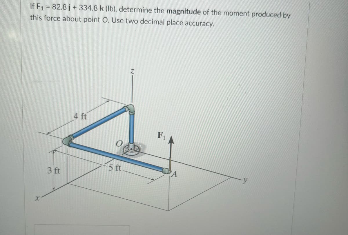 If F₁ = 82.8j+334.8 k (lb), determine the magnitude of the moment produced by
this force about point O. Use two decimal place accuracy.
X
3 ft
4 ft
5 ft
F₁