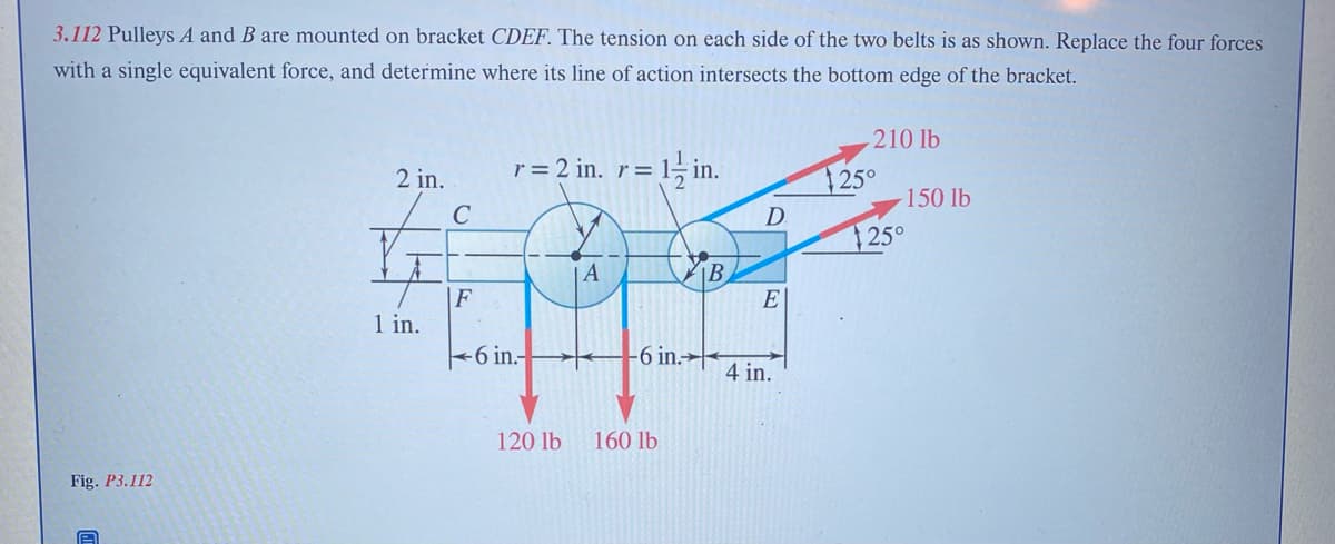 3.112 Pulleys A and B are mounted on bracket CDEF. The tension on each side of the two belts is as shown. Replace the four forces
with a single equivalent force, and determine where its line of action intersects the bottom edge of the bracket.
Fig. P3.112
A
2 in.
LE
F
1 in.
r = 2 in. r= 1 in.
6 in.-
120 lb
A
-6 in.
160 lb
B
D
E
4 in.
210 lb
$25°
-150 lb
$25°