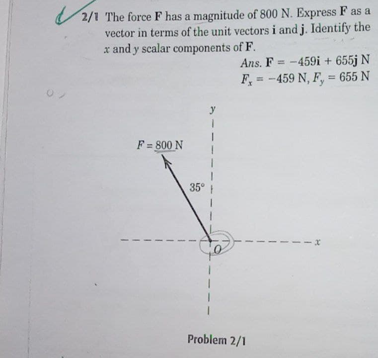 V 2/1 The force F has a magnitude of 800 N. Express F as a
vector in terms of the unit vectors i and j. Identify the
x and y scalar components of F.
Ans. F -459i + 655j N
%3D
F = -459 N, F, = 655 N
%3D
%3D
F = 800 N
35°
Problem 2/1
