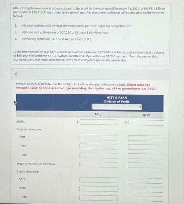 After closing the revenue and expense accounts, the profit for the year ended December 31, 2024, of the Mitt & Ryan
partnership is $28.210. The partnership agreement specifies that profits and losses will be shared using the following
formula.
1. Allocate profit by a 5% interest allowance on the partners' beginning capital balances.
2 Allocate salary allowances of $20,280 to Mitt and $14,690 to Ryan.
3. Remaining profit (loss) is to be shared on a ratio of 8:5
At the beginning of the year, Mitt's capital account had a balance of $33,800 and Ryan's capital account had a balance
of $35,100. Mitt withdrew $1.130 cash per month while Ryan withdrew $1,360 per month from the partnership.
During the year, Mitt made an additional investment of $5,650 cash into the partnership.
Prepare a schedule to show how the profit or loss will be allocated to the two partners. (Enter negative
amounts using either a negative sign preceding the number e.g. -45 or parentheses e.g. (45).)
Profit
Interest allowance
Mitt
Ryan
Total
Profit remaining for allocation
Salary allowance
Mitt
Ryan
Total
Mitt
MITT & RYAN
Division of Profit
HOD DONO
Ryan