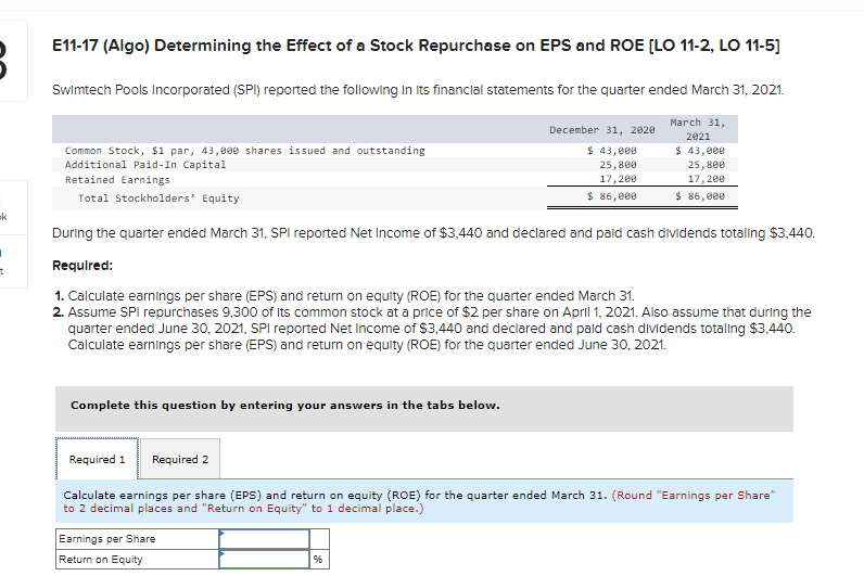 ak
t
E11-17 (Algo) Determining the Effect of a Stock Repurchase on EPS and ROE [LO 11-2, LO 11-5)
Swimtech Pools Incorporated (SPI) reported the following in its financial statements for the quarter ended March 31, 2021.
March 31,
2021
$ 43,000
25,800
17,200
$ 86,000
Common Stock, $1 par, 43,000 shares issued and outstanding
Additional Paid-In Capital
Retained Earnings
Total Stockholders' Equity
During the quarter ended March 31, SPI reported Net Income of $3,440 and declared and paid cash dividends totalling $3,440.
Required:
1. Calculate earnings per share (EPS) and return on equity (ROE) for the quarter ended March 31.
2. Assume SPI repurchases 9,300 of its common stock at a price of $2 per share on April 1, 2021. Also assume that during the
quarter ended June 30, 2021, SPI reported Net Income of $3,440 and declared and paid cash dividends totaling $3,440.
Calculate earnings per share (EPS) and return on equity (ROE) for the quarter ended June 30, 2021.
Complete this question by entering your answers in the tabs below.
December 31, 2020
$ 43,000
25,800
17,200
$ 86,000
Required 1 Required 2
Calculate earnings per share (EPS) and return on equity (ROE) for the quarter ended March 31. (Round "Earnings per Share"
to 2 decimal places and "Return on Equity" to 1 decimal place.)
Earnings per Share
Return on Equity
96