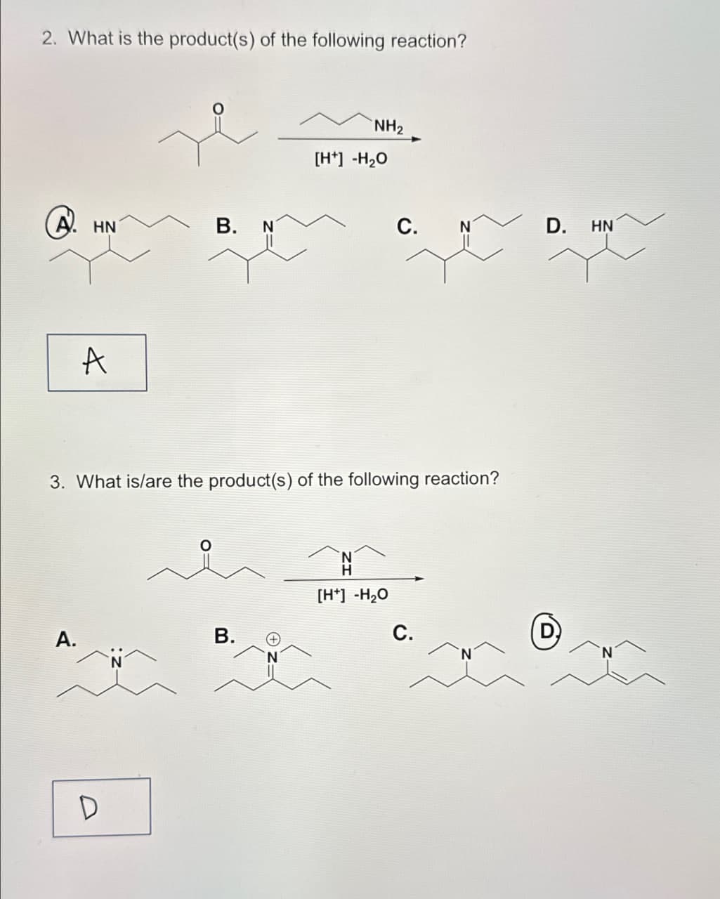 2. What is the product(s) of the following reaction?
A HN
B. N
A
NH2
[H+] -H₂O
C.
D.
HN
3. What is/are the product(s) of the following reaction?
A.
B.
D
[H+] -H₂O
C.