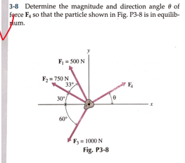 3-8 Determine the magnitude and direction angle of
force F, so that the particle shown in Fig. P3-8 is in equilib-
um.
F₁ = 500 N
F₂-750 N
33%
30°
60°
F3 = 1000 N
Fig.
P3-8
0