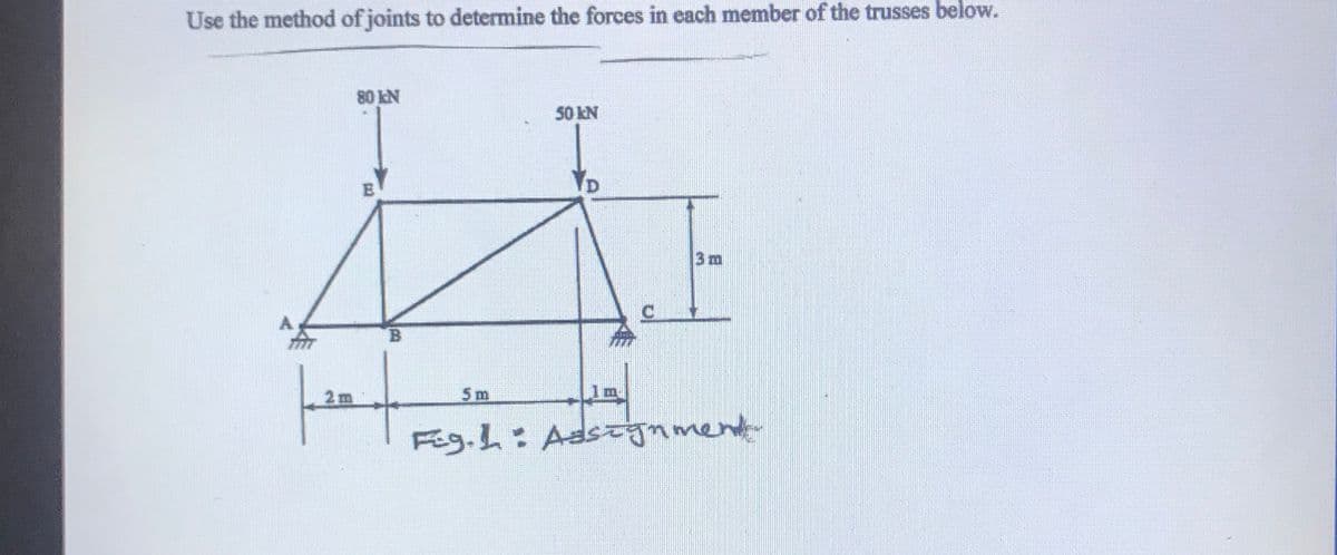 Use the method of joints to determine the forces in each member of the trusses below.
80 kN
50 KN
E
3m
B.
2m
5m
Feg.h: Adstnment
