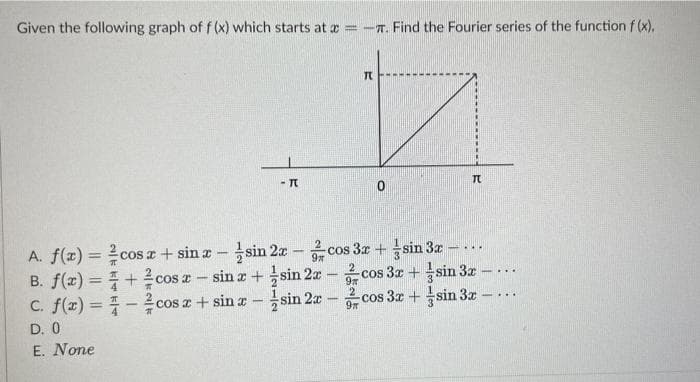 Given the following graph of f (x) which starts at x = -. Find the Fourier series of the function f(x).
A. f(x) =
B. f(x) =
c. f(x) =
D. 0
E. None
- TU
TU
2
9m
0
cos x + sinx-sin 2x -cos 3x + sin 3x
+ cos x - sinz+sin 2x-cos 3x +
cos x + sinx-sin 2x - cos 3x +
TU
1.
sin 3x -...
sin 3x
.