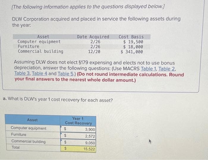 [The following information applies to the questions displayed below.]
DLW Corporation acquired and placed in service the following assets during
the year:
Asset
Computer equipment
Furniture
Commercial building
Assuming DLW does not elect §179 expensing and elects not to use bonus
depreciation, answer the following questions: (Use MACRS Table 1, Table 2,
Table 3, Table 4 and Table 5.) (Do not round intermediate calculations. Round
your final answers to the nearest whole dollar amount.)
a. What is DLW's year 1 cost recovery for each asset?
Asset
Date Acquired
2/26
2/26
12/20
Computer equipment
Furniture
Commercial building
Total
Year 1
Cost Recovery
$
Cost Basis
$ 19,500
$ 18,000
$ 341,000
3,900
2,572
9,050
15,522